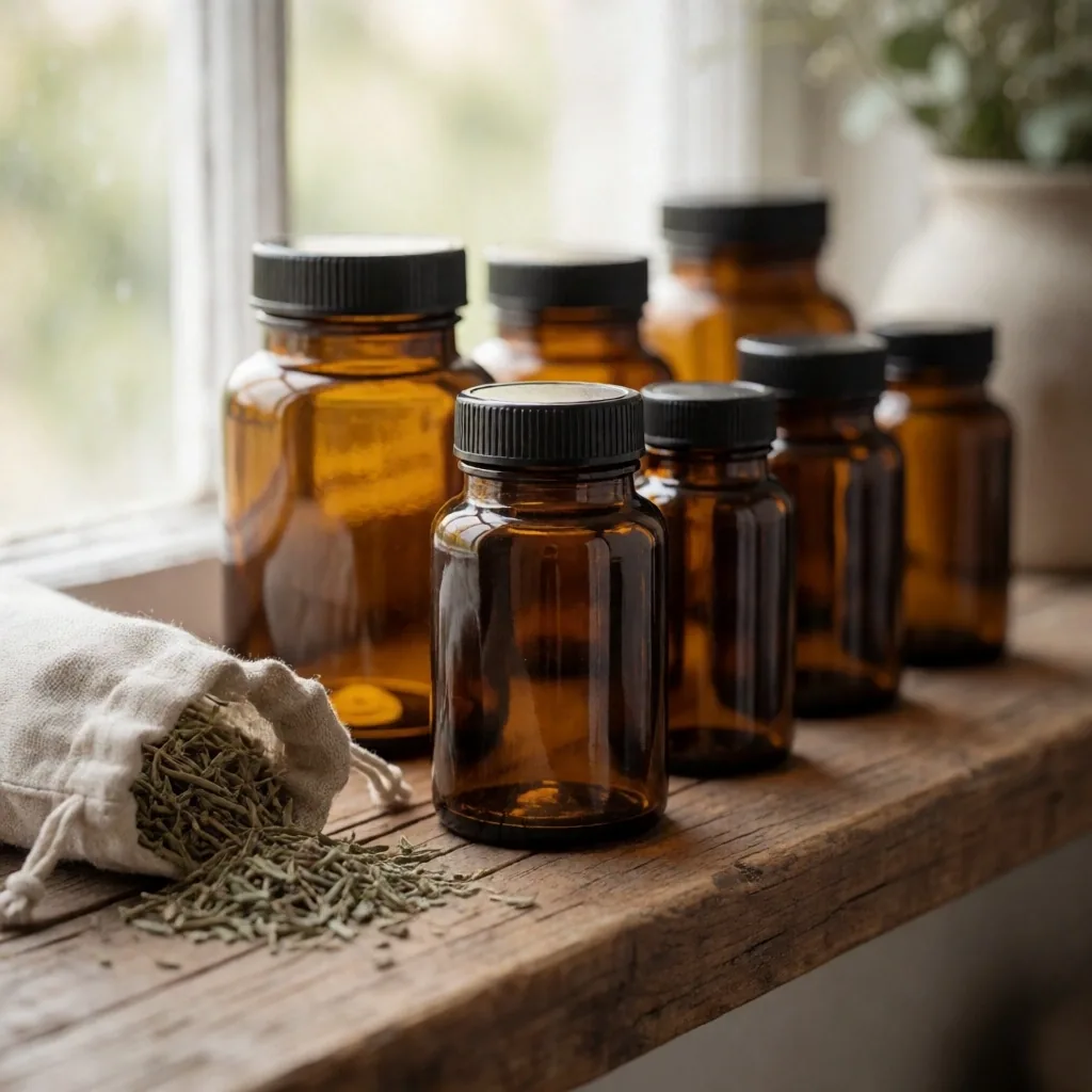 Amber glass bottles with botanical supplements on a wooden shelf