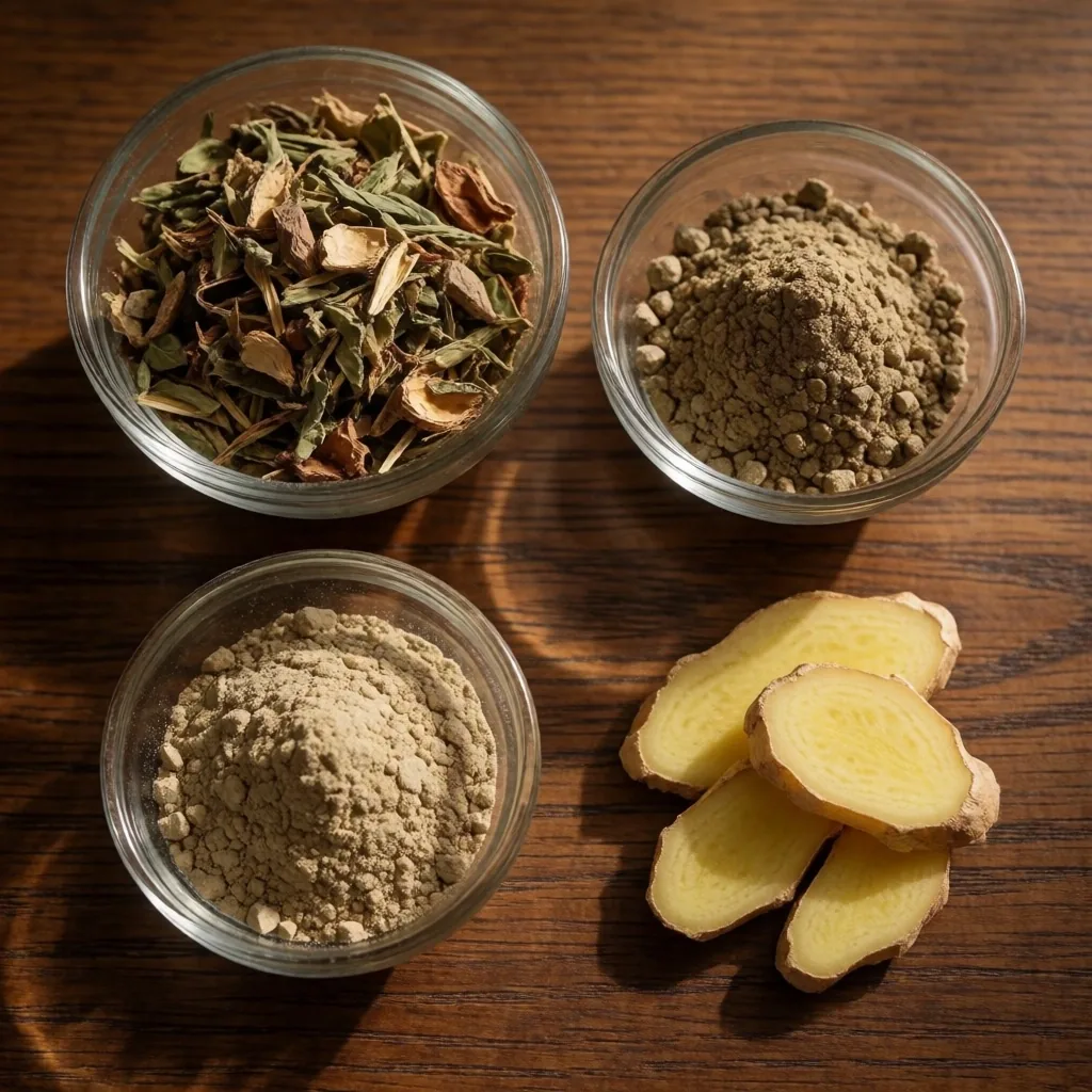 Dried herbs and mineral powders arranged on dark oak for study