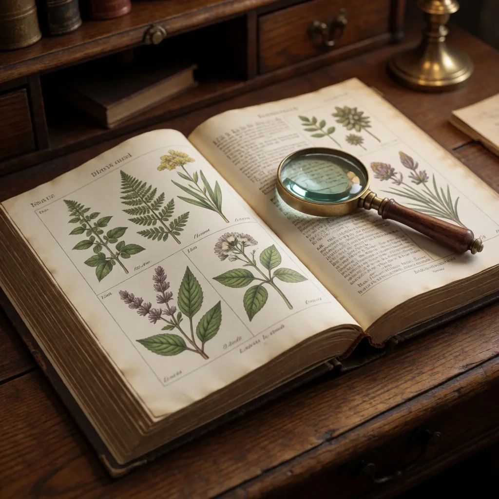 Open botanical reference book with margin notes on an oak desk