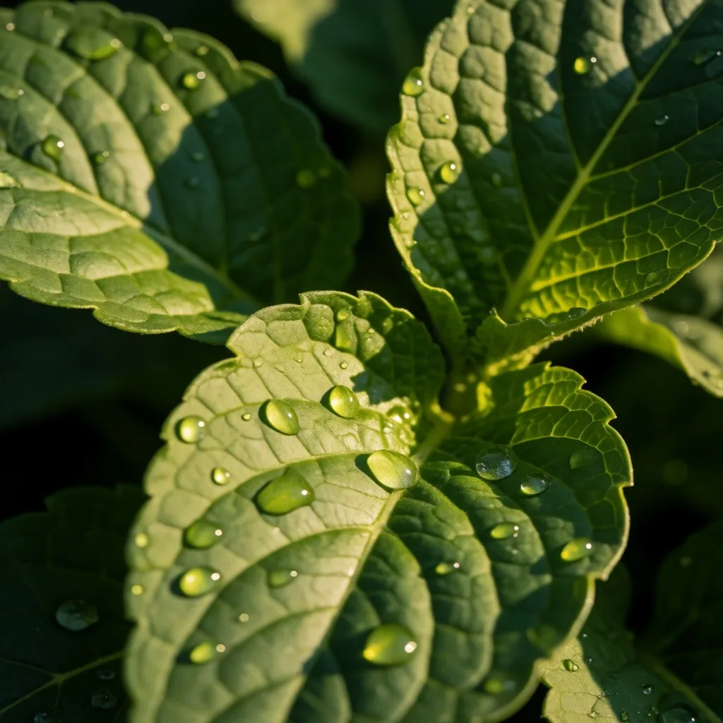 Macro view of green botanical leaves with water droplets in warm afternoon light