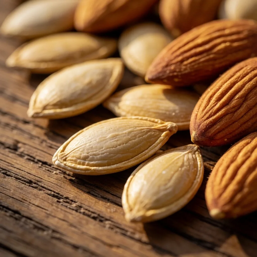 Pumpkin seeds and almonds on an oak surface, rich sources of dietary magnesium