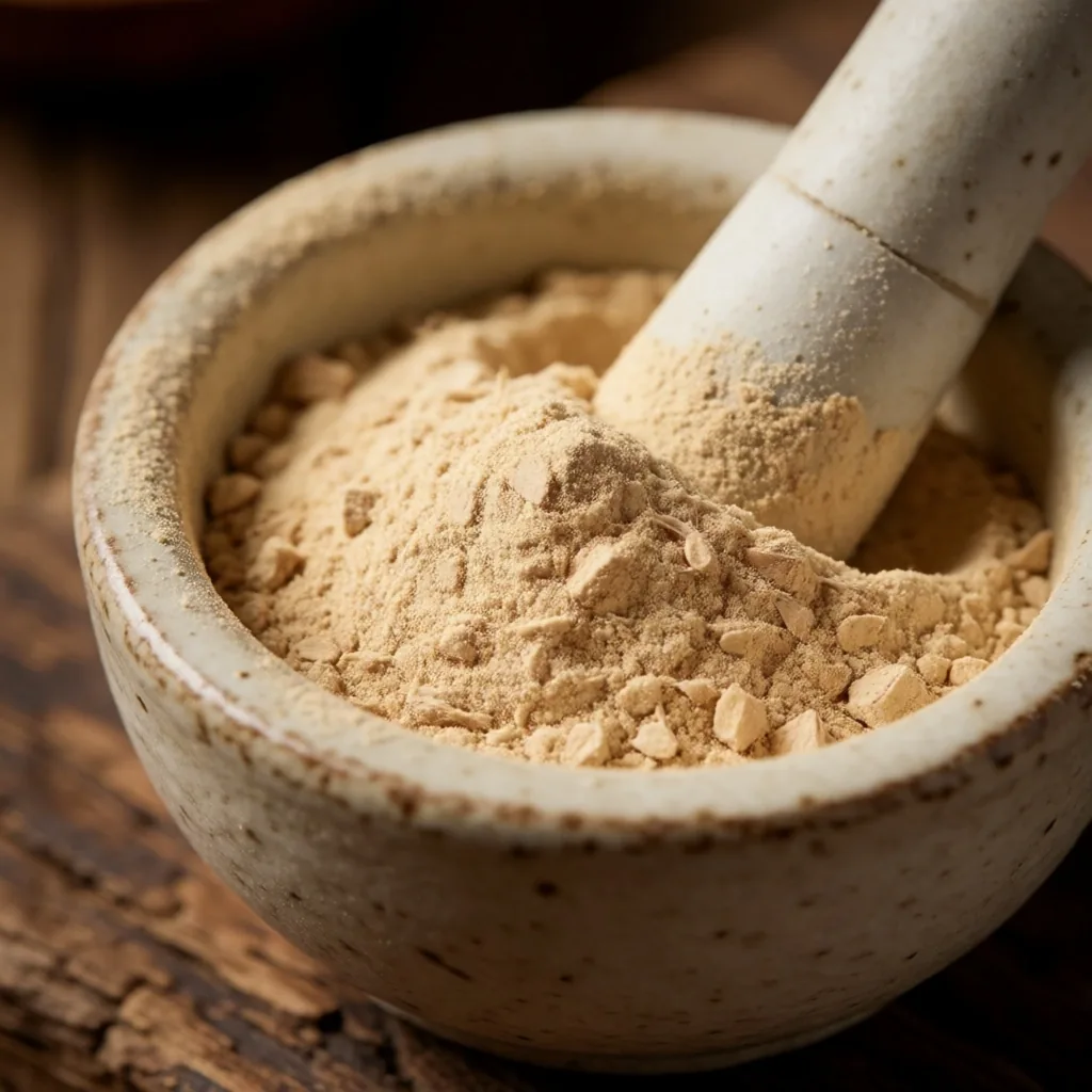 Ashwagandha root powder in a mortar