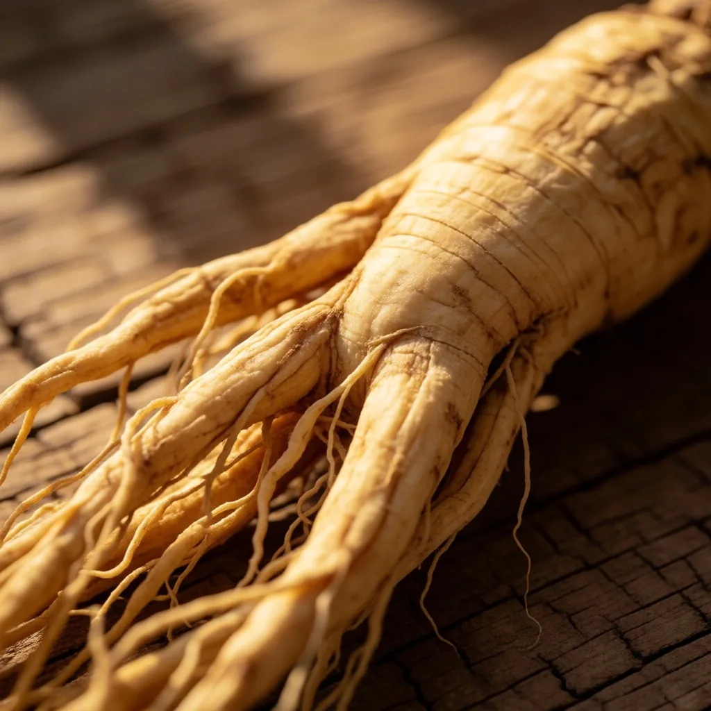 Botanical macro photograph of a ginseng root on oak wood